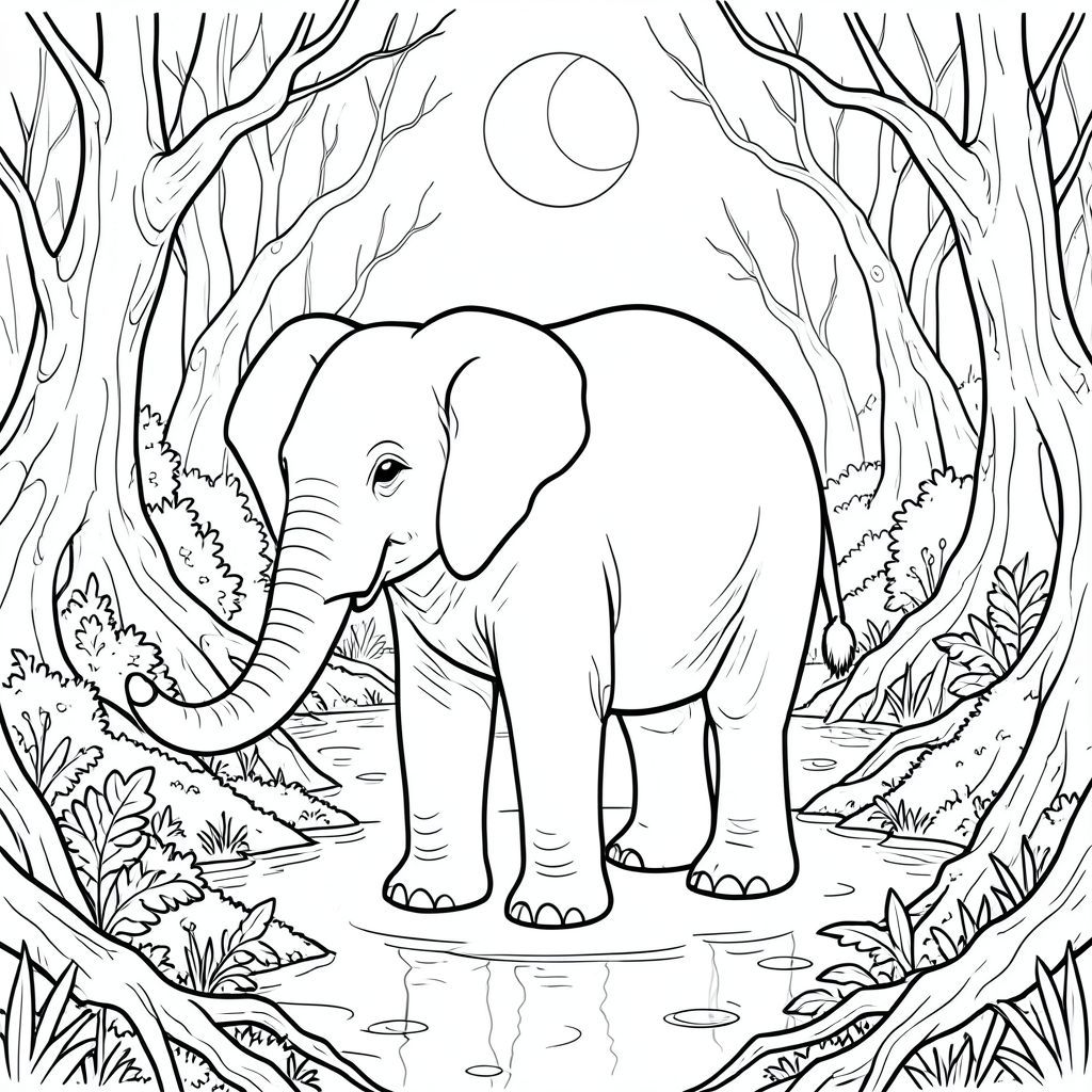 solo, một con voi, một đầu, hai mắt, hai tai lớn, một thân cây, bốn chân, một đuôi, bàn chân trên mặt đất vững chắc, tỷ lệ tự nhiên, quy mô thích hợp trong môi trường, đúng về mặt giải phẫu, voi, Đầm lầy dưới ánh trăng, Wisps, cây xoắn, tán lá rậm rạp, rêu, nước, phản chiếu, siêu thực, xưa, rễ, trang màu, nghệ thuật đường, nền trắng, solo, chủ đề đơn, đúng giải phẫu, giải phẫu hoàn hảo
