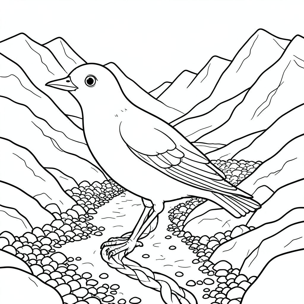 solo, một con chim, một đầu, hai mắt, một mỏ, hai cánh, hai chân, một đuôi, tỷ lệ tự nhiên, quy mô thích hợp trong môi trường, đúng giải phẫu, chim, Thung lũng, núi, sông băng, bện, sỏi, đá, địa hình, ánh sáng mặt trời, độ sâu, phối cảnh, trang tô màu, nghệ thuật đường, nền trắng, solo, chủ đề đơn, đúng về mặt giải phẫu, giải phẫu hoàn hảo