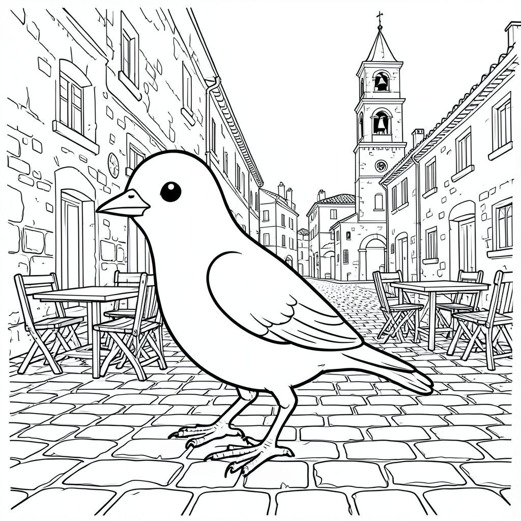 solo, một con chim, một đầu, hai mắt, một mỏ, hai cánh, hai chân, một đuôi, tỷ lệ tự nhiên, quy mô thích hợp trong môi trường, đúng giải phẫu, chim, Piazza, đá cuội, đá phong hóa, bàn ngoài trời, ghế gỗ, tháp chuông, ánh sáng mặt trời, ánh sáng ấm áp, mộc mạc, người Ý, trang màu, nghệ thuật đường nét, nền trắng, solo, chủ đề đơn, đúng giải phẫu, giải phẫu hoàn hảo