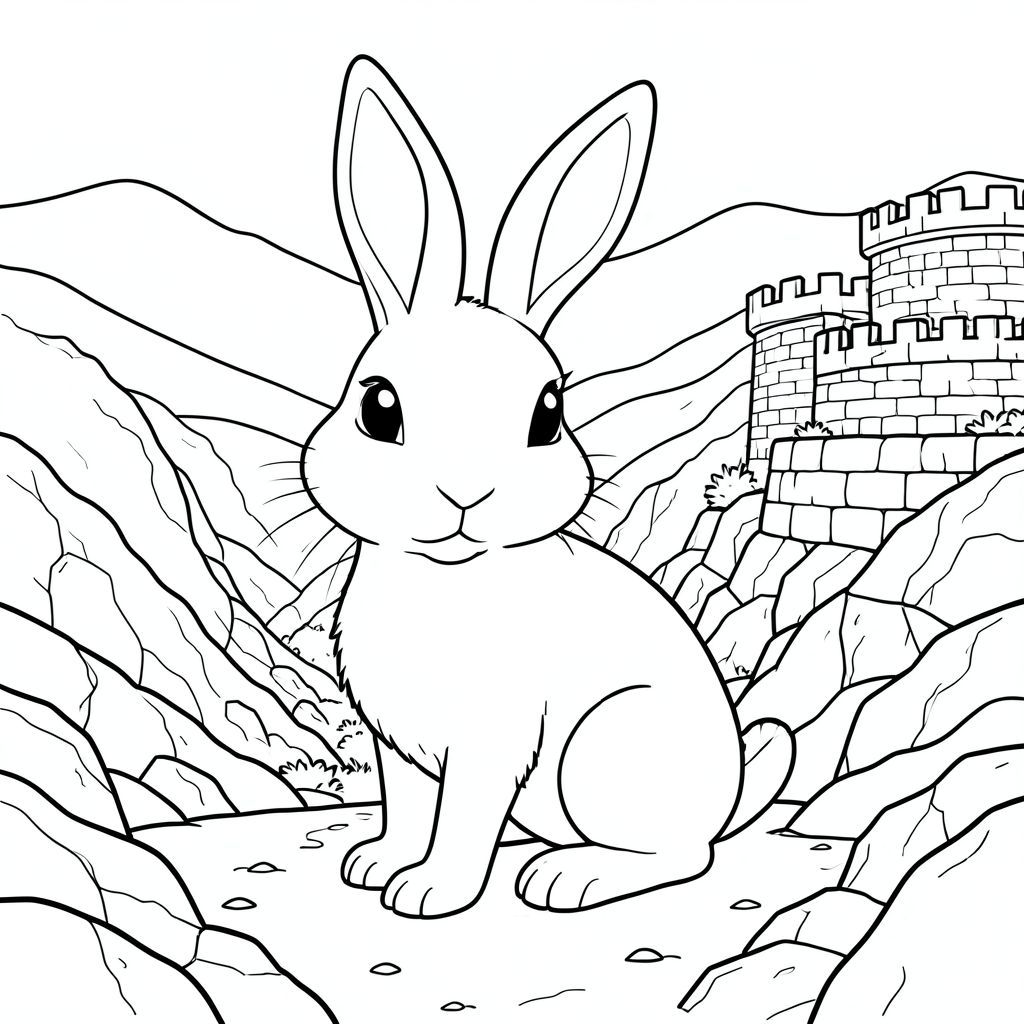 solo, chủ đề đơn, một đầu, hai mắt, hai tai, bốn chân, một đuôi, tỷ lệ tự nhiên, quy mô thích hợp trong môi trường, đúng giải phẫu, thỏ, Bức tường đá, pháo đài, tường thành, thung lũng, mở rộng, rộng, xa, đồi thoai thoải, địa hình đá, đá phong hóa, trang màu, nghệ thuật đường, nền trắng, solo, chủ đề đơn, đúng giải phẫu, giải phẫu hoàn hảo