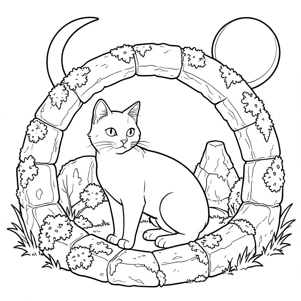 solo, chủ đề đơn, một đầu, hai mắt, hai tai, bốn chân, một đuôi, tỷ lệ tự nhiên, quy mô thích hợp trong môi trường, đúng giải phẫu, con mèo, Vòng tròn đá, xưa, Phong hóa, Rêu, Địa y, Hình tròn, mặt trăng, đầy đủ, Phản chiếu, đánh bóng, trang màu, nghệ thuật đường, nền trắng, solo, chủ đề đơn, chính xác về mặt giải phẫu, giải phẫu hoàn hảo