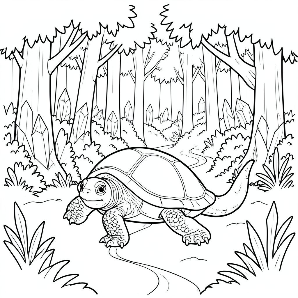 solo, rùa đơn, một đầu, hai mắt, bốn chân, một vỏ, một đuôi, bàn chân trên mặt đất vững chắc, tỷ lệ tự nhiên, quy mô thích hợp trong môi trường, đúng về mặt giải phẫu, rùa, Cây pha lê, mờ, giống như đá quý, rừng, cao chót vót, dày đặc, tán lá, quanh co, con đường, lốm đốm, trang màu, nghệ thuật đường, nền trắng, solo, chủ đề đơn, đúng về mặt giải phẫu, giải phẫu hoàn hảo