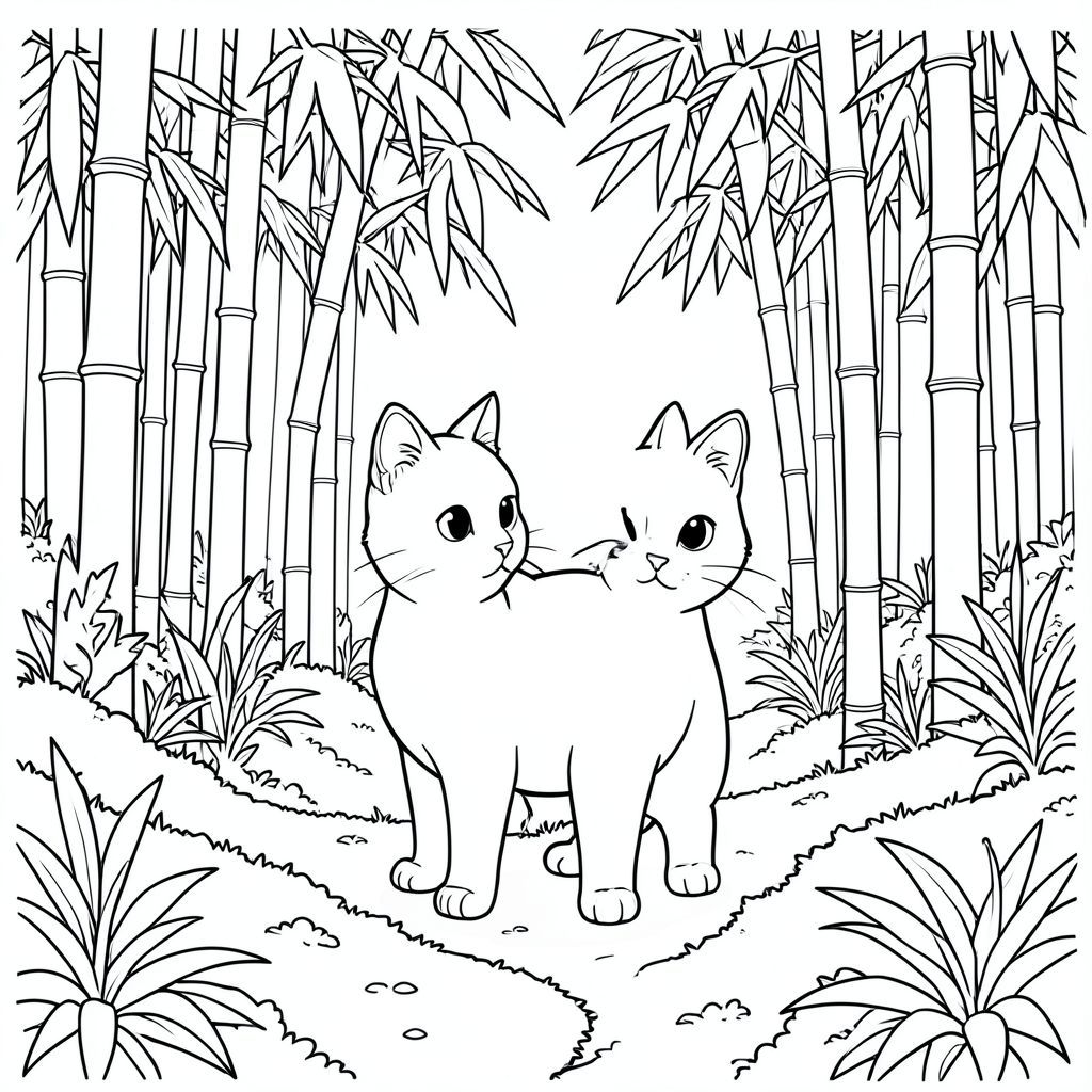 solo, chủ đề đơn, một đầu, hai mắt, hai tai, bốn chân, một đuôi, tỷ lệ tự nhiên, quy mô thích hợp trong môi trường, đúng giải phẫu, con mèo, tre rậm rạp, thân cây cao, ánh sáng mặt trời được lọc, lốm đốm, sàn rừng, mặt đất rêu, con đường quanh co, tán lá, thẳng đứng, các yếu tố tự nhiên, trang màu, nghệ thuật đường, nền trắng, solo, chủ đề đơn, đúng về mặt giải phẫu, giải phẫu hoàn hảo