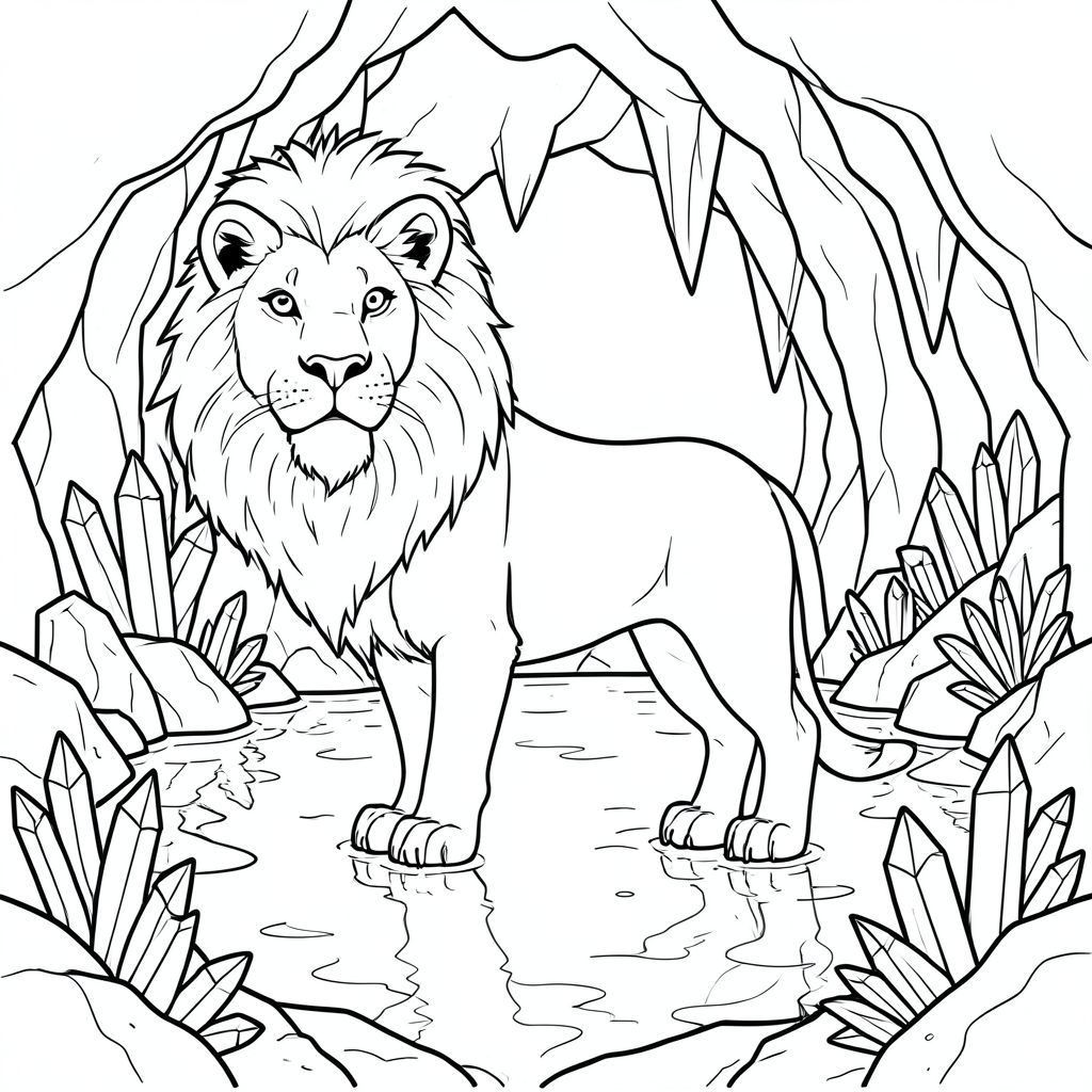 solo, chủ đề đơn, một đầu, hai mắt, hai tai, bốn chân, một đuôi, tỷ lệ tự nhiên, quy mô thích hợp trong môi trường, đúng giải phẫu, sư tử, trong như pha lê, hồ ngầm, hang động, khoáng chất, đá, pha lê, nước, độ sâu, phản chiếu, khoáng chất, trang tô màu, nghệ thuật đường nét, nền trắng, solo, chủ đề đơn, đúng giải phẫu, giải phẫu hoàn hảo