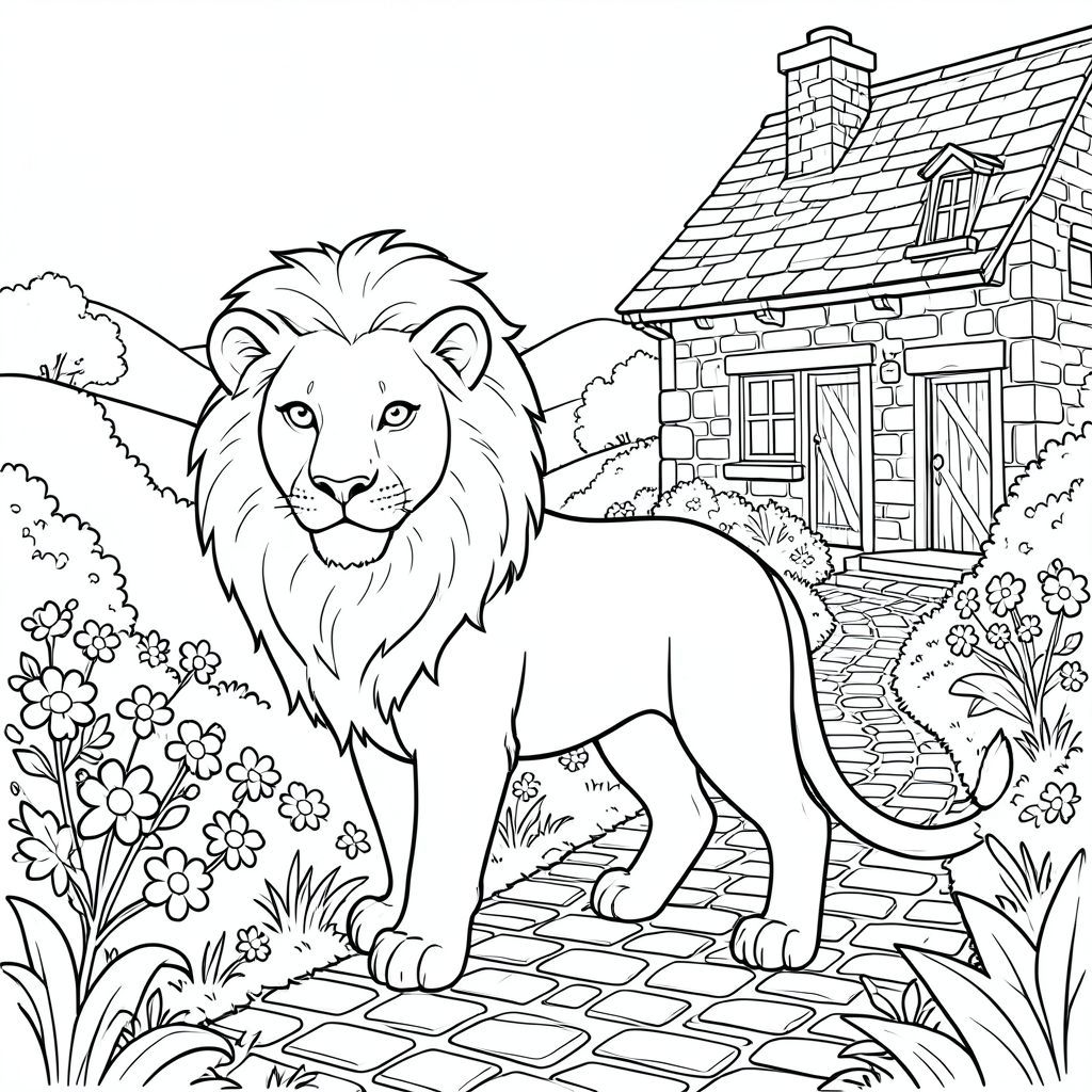 solo, chủ đề đơn, một đầu, hai mắt, hai tai, bốn chân, một đuôi, tỷ lệ tự nhiên, quy mô thích hợp trong môi trường, đúng giải phẫu, sư tử, Ngôi nhà tranh bằng đá, ống khói, vườn hoa, đồi thoai thoải, cây xanh tươi tốt, con đường lát đá cuội, gỗ phong hóa, ánh sáng mặt trời, ánh sáng ấm áp, cây cối xa, trang màu, nghệ thuật đường, nền trắng, solo, chủ đề đơn, đúng về mặt giải phẫu, giải phẫu hoàn hảo