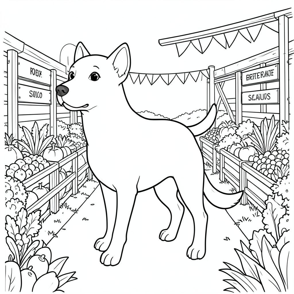 solo, chủ đề đơn, một đầu, hai mắt, hai tai, bốn chân, một đuôi, tỷ lệ tự nhiên, quy mô thích hợp trong môi trường, đúng giải phẫu, chó, sản xuất, quầy hàng, trái cây, rau, hàng, con đường, kim loại, dấu hiệu, biểu ngữ, ánh sáng mặt trời, trang màu, nghệ thuật đường nét, nền trắng, solo, chủ đề đơn, đúng về mặt giải phẫu, giải phẫu hoàn hảo