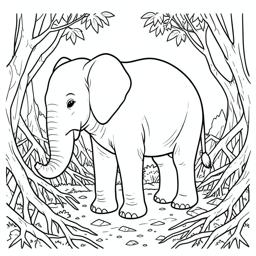 solo, một con voi, một đầu, hai mắt, hai tai lớn, một thân cây, bốn chân, một đuôi, chân trên nền vững chắc, tỷ lệ tự nhiên, quy mô thích hợp trong môi trường, đúng về mặt giải phẫu, voi, Rễ rừng ngập mặn, rối, trên không, bùn thủy triều, ướt, rêu, ánh sáng mặt trời, gãy vỡ, phối cảnh, hình học, trang màu, nghệ thuật đường, nền trắng, solo, chủ đề đơn, đúng về mặt giải phẫu, giải phẫu hoàn hảo