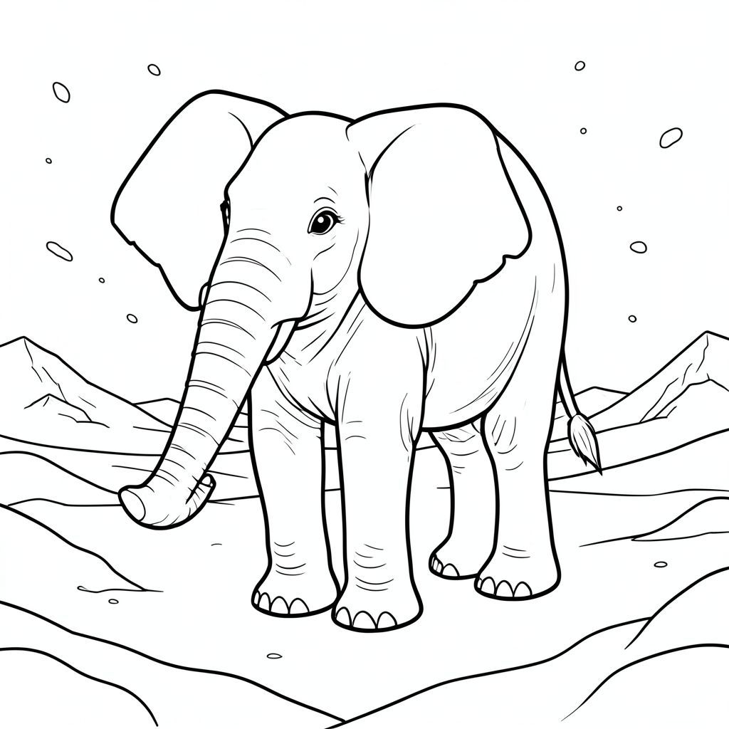 solo, một con voi, một đầu, hai mắt, hai tai lớn, một thân cây, bốn chân, một đuôi, bàn chân trên mặt đất vững chắc, tỷ lệ tự nhiên, quy mô thích hợp trong môi trường, đúng về mặt giải phẫu, voi, Lãnh nguyên đóng băng, bão tuyết, tuyết trôi, tuyết trắng, Mở rộng, mở, hoang vắng, lạnh, khắc nghiệt, phong cảnh hoang vắng, trang tô màu, nghệ thuật đường, nền trắng, solo, chủ đề đơn, chính xác về mặt giải phẫu, giải phẫu hoàn hảo