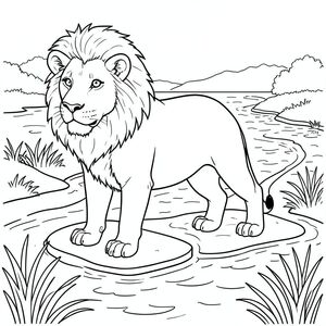 solo, chủ đề đơn, một đầu, hai mắt, hai tai, bốn chân, một đuôi, tỷ lệ tự nhiên, quy mô thích hợp trong môi trường, đúng giải phẫu, sư tử, Bờ sông, đồng bằng, kênh phân nhánh, bãi cát, bờ biển, nước, độ sâu, gợn sóng, ánh sáng mặt trời, thảm thực vật, trang màu, nghệ thuật đường, nền trắng, solo, chủ đề đơn, đúng giải phẫu, giải phẫu hoàn hảo