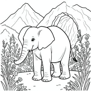 solo, một con voi, một đầu, hai mắt, hai tai lớn, một thân cây, bốn chân, một đuôi, bàn chân trên nền vững chắc, tỷ lệ tự nhiên, quy mô thích hợp trong môi trường, đúng về mặt giải phẫu, voi, núi, hang động, lối vào, hoa dại, núi cao, thảm thực vật, dày đặc, cao, thân cây, ánh sáng mặt trời, trang màu, nghệ thuật đường, nền trắng, solo, chủ đề đơn, đúng giải phẫu, giải phẫu hoàn hảo