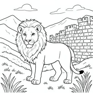 solo, chủ đề đơn, một đầu, hai mắt, hai tai, bốn chân, một đuôi, tỷ lệ tự nhiên, quy mô thích hợp trong môi trường, đúng giải phẫu, sư tử, Bức tường đá, pháo đài, tường thành, thung lũng, đồng cỏ, những ngọn núi xa xôi, những ngọn đồi thoai thoải, đá phong hóa, khí quyển, u ám, trang màu, nghệ thuật đường, nền trắng, solo, chủ đề đơn, chính xác về mặt giải phẫu, giải phẫu hoàn hảo