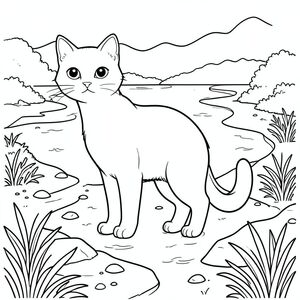 solo, chủ đề đơn, một đầu, hai mắt, hai tai, bốn chân, một đuôi, tỷ lệ tự nhiên, quy mô thích hợp trong môi trường, đúng giải phẫu, con mèo, Sông, đồng bằng, kênh, bãi cát, bờ biển, nước, đá, bùn, thảm thực vật, dày đặc, trang màu, nghệ thuật đường, nền trắng, solo, chủ đề đơn, đúng về mặt giải phẫu, giải phẫu hoàn hảo