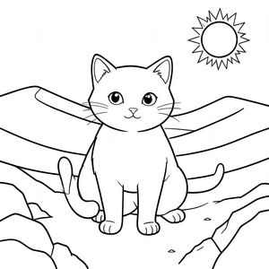 solo, chủ đề đơn, một đầu, hai mắt, hai tai, bốn chân, một đuôi, tỷ lệ tự nhiên, quy mô thích hợp trong môi trường, đúng giải phẫu, con mèo, sa mạc Sahara, rộng lớn, cồn cát, hình lưỡi liềm, cát, mở rộng, phong cảnh khô cằn, địa hình đá, mặt trời, nhiệt, trang màu, nghệ thuật đường, nền trắng, solo, chủ đề đơn, đúng giải phẫu, giải phẫu hoàn hảo