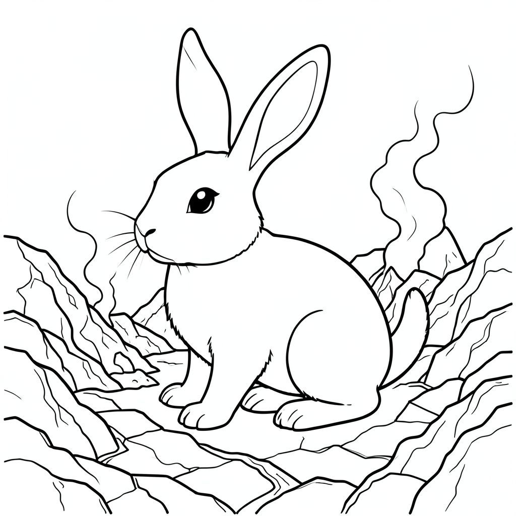 solo, chủ đề đơn, một đầu, hai mắt, hai tai, bốn chân, một đuôi, tỷ lệ tự nhiên, quy mô thích hợp trong môi trường, đúng giải phẫu, thỏ, đá núi lửa, dung nham cứng, khói khói, cạnh răng cưa, đất nứt, trầm tích khoáng sản, hoang vắng, cằn cỗi, cực nóng, mãnh liệt, trang màu, nghệ thuật đường, nền trắng, solo, chủ đề đơn, đúng giải phẫu, giải phẫu hoàn hảo