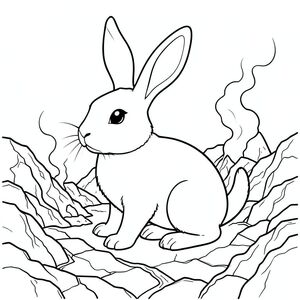 solo, chủ đề đơn, một đầu, hai mắt, hai tai, bốn chân, một đuôi, tỷ lệ tự nhiên, quy mô thích hợp trong môi trường, đúng giải phẫu, thỏ, đá núi lửa, dung nham cứng, khói khói, cạnh răng cưa, đất nứt, trầm tích khoáng sản, hoang vắng, cằn cỗi, cực nóng, mãnh liệt, trang màu, nghệ thuật đường, nền trắng, solo, chủ đề đơn, đúng giải phẫu, giải phẫu hoàn hảo