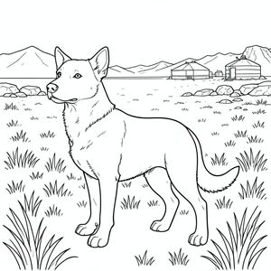 solo, chủ đề đơn, một đầu, hai mắt, hai tai, bốn chân, một đuôi, tỷ lệ tự nhiên, quy mô thích hợp trong môi trường, đúng giải phẫu, chó, thảo nguyên, cỏ rộng lớn, cánh đồng vô tận, làng lều xa, chạng vạng, đường chân trời, núi, sự hình thành đá, đá phong hóa, đất khô, trang màu, nghệ thuật đường nét, nền trắng, solo, chủ đề đơn, đúng giải phẫu, giải phẫu hoàn hảo