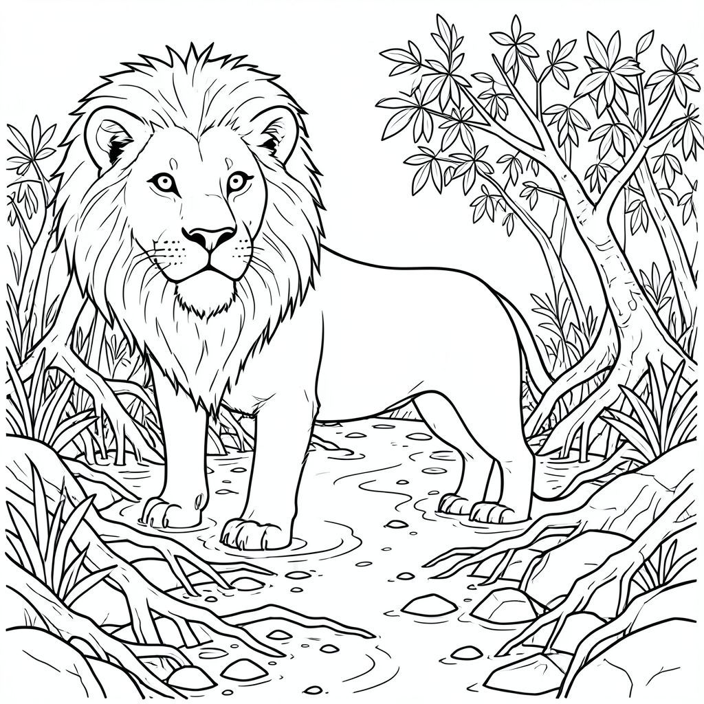 solo, chủ đề đơn, một đầu, hai mắt, hai tai, bốn chân, một đuôi, tỷ lệ tự nhiên, quy mô thích hợp trong môi trường, đúng giải phẫu, sư tử, Rừng ngập mặn, bờ biển, ngập lụt, rễ, kênh thủy triều, ướt, rối, thảm thực vật, bờ biển, đá, trang màu, nghệ thuật đường, nền trắng, solo, chủ đề đơn, đúng giải phẫu, giải phẫu hoàn hảo