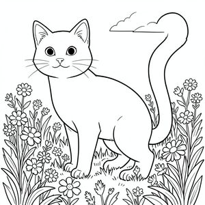 solo, chủ đề đơn, một đầu, hai mắt, hai tai, bốn chân, một đuôi, tỷ lệ tự nhiên, quy mô thích hợp trong môi trường, đúng giải phẫu, con mèo, Hoa dại, đồng cỏ, tươi tốt, Kết cấu, Ánh sáng mặt trời, ấm áp, mùa hè, Bầu trời, trong sáng, Mở rộng, trang màu, nghệ thuật đường nét, nền trắng, solo, chủ đề đơn, đúng giải phẫu, giải phẫu hoàn hảo
