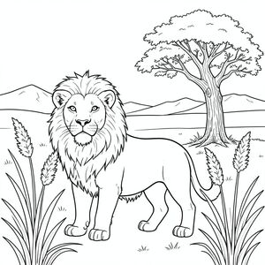 solo, chủ đề đơn, một đầu, hai mắt, hai tai, bốn chân, một đuôi, tỷ lệ tự nhiên, quy mô thích hợp trong môi trường, đúng giải phẫu, sư tử, cỏ Pampas, thân cây cao, gió thổi, rộng lớn, cây cô đơn, gỗ phong hóa, ánh sáng mặt trời, bầu trời quang đãng, bầu trời, những ngọn núi xa xôi, trang màu, nghệ thuật đường, nền trắng, solo, chủ đề đơn, chính xác về mặt giải phẫu, giải phẫu hoàn hảo