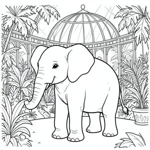 solo, một con voi, một đầu, hai mắt, hai tai lớn, một thân cây, bốn chân, một đuôi, bàn chân trên nền vững chắc, tỷ lệ tự nhiên, quy mô thích hợp trong môi trường, đúng về mặt giải phẫu, voi, Thực vật nhiệt đới, mái vòm thủy tinh, Victoria, nhà kính, tươi tốt, tán lá, ánh sáng mặt trời, dầm, chiều sâu, phối cảnh, trang màu, nghệ thuật đường, nền trắng, solo, chủ đề đơn, đúng về mặt giải phẫu, giải phẫu hoàn hảo