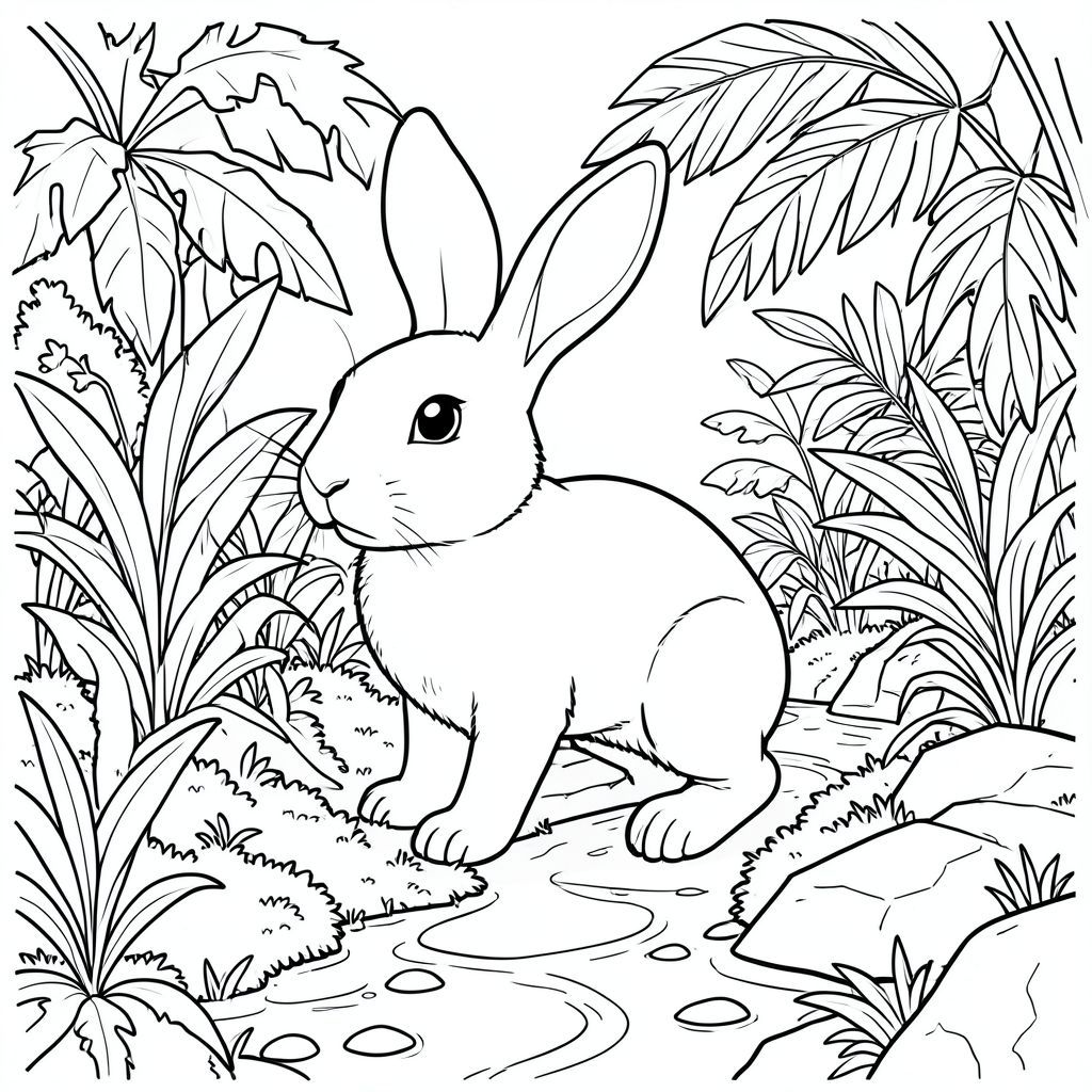 solo, chủ đề đơn, một đầu, hai mắt, hai tai, bốn chân, một đuôi, tỷ lệ tự nhiên, quy mô thích hợp trong môi trường, đúng giải phẫu, thỏ, tán lá rậm rạp, thực vật nhiệt đới, ánh sáng mặt trời, rêu, rễ, đá, nước, suối, con đường, đá, trang tô màu, nghệ thuật đường, nền trắng, solo, chủ đề đơn, chính xác về mặt giải phẫu, giải phẫu hoàn hảo