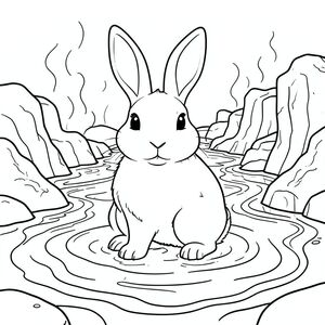 solo, chủ đề đơn, một đầu, hai mắt, hai tai, bốn chân, một đuôi, tỷ lệ tự nhiên, quy mô thích hợp trong môi trường, đúng giải phẫu, thỏ, suối nước nóng, trầm tích khoáng sản, nước hấp, nước nóng, hồ bơi, thành tạo đá, nước, hoa văn xoáy, phản chiếu, độ sâu, trang màu, nghệ thuật đường nét, nền trắng, solo, chủ đề đơn, đúng giải phẫu, giải phẫu hoàn hảo