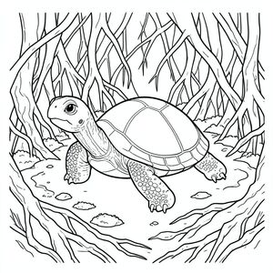 solo, rùa đơn, một đầu, hai mắt, bốn chân, một vỏ, một đuôi, bàn chân trên mặt đất vững chắc, tỷ lệ tự nhiên, quy mô thích hợp trong môi trường, đúng giải phẫu, rùa, rễ rừng ngập mặn, rối, trên không, bùn thủy triều, ướt, rêu phong, đá, phong hóa, vỡ vụn, rễ, trang màu, nghệ thuật đường, nền trắng, solo, chủ đề đơn, đúng giải phẫu, giải phẫu hoàn hảo