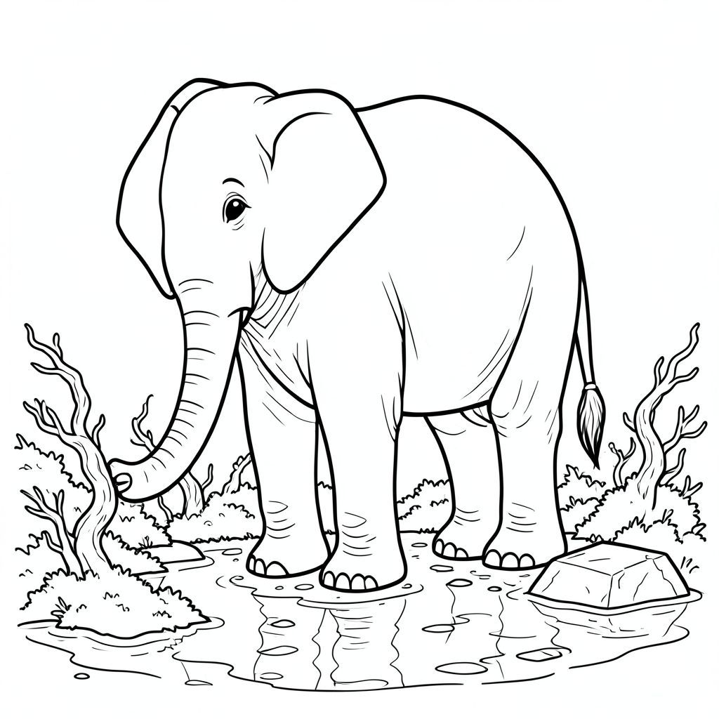 solo, một con voi, một đầu, hai mắt, hai tai lớn, một thân cây, bốn chân, một đuôi, chân trên nền vững chắc, tỷ lệ tự nhiên, quy mô thích hợp trong môi trường, đúng về mặt giải phẫu, voi, nước, than bùn, bụi cây xoắn, rêu, phản chiếu, đá, phong hóa, mặt đất ẩm ướt, nhỏ, bị cô lập, trang màu, nghệ thuật đường, nền trắng, solo, chủ đề đơn, đúng giải phẫu, giải phẫu hoàn hảo