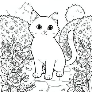 solo, chủ đề đơn, một đầu, hai mắt, hai tai, bốn chân, một đuôi, tỷ lệ tự nhiên, quy mô thích hợp trong môi trường, đúng giải phẫu, con mèo, Hoa hồng, hàng rào, Bức tường đá, con đường, vườn, Ánh sáng mặt trời, Tán lá, Kết cấu, Chi tiết, phối cảnh, trang màu, nghệ thuật đường, nền trắng, Solo, chủ đề đơn, đúng về mặt giải phẫu, giải phẫu hoàn hảo