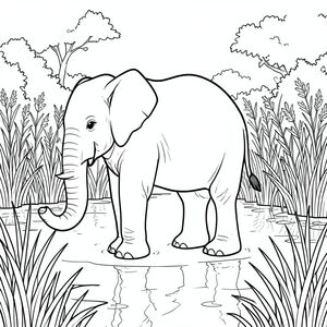 solo, một con voi, một đầu, hai mắt, hai tai lớn, một thân cây, bốn chân, một đuôi, chân trên mặt đất vững chắc, tỷ lệ tự nhiên, quy mô thích hợp trong môi trường, đúng về mặt giải phẫu, voi, hồ Oxbow, cỏ đầm lầy, lau sậy, nước, ánh sáng mặt trời, phản chiếu, nước lặng, thân cây cao, thảm thực vật rậm rạp, chế độ xem rộng, trang tô màu, nghệ thuật đường, nền trắng, solo, chủ đề đơn, đúng giải phẫu, giải phẫu hoàn hảo