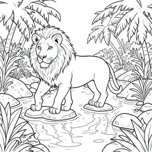 solo, chủ đề đơn, một đầu, hai mắt, hai tai, bốn chân, một đuôi, tỷ lệ tự nhiên, quy mô thích hợp trong môi trường, đúng giải phẫu, sư tử, Sông nhiệt đới, bước đệm, bờ tươi tốt, nước, ánh sáng mặt trời, phản chiếu, tán lá, con đường quanh co, đá kết cấu, đá mịn, trang màu, nghệ thuật đường, nền trắng, solo, chủ đề đơn, đúng giải phẫu, giải phẫu hoàn hảo