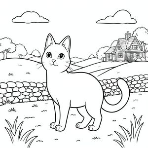 solo, chủ đề đơn, một đầu, hai mắt, hai tai, bốn chân, một đuôi, tỷ lệ tự nhiên, quy mô thích hợp trong môi trường, đúng giải phẫu, con mèo, Đồi thoai thoải, đồng cỏ, tường đá, cây cối xa, bầu trời quang đãng, ánh sáng mặt trời, ấm áp, trái đất kết cấu, nhà nông trại mộc mạc, ngôi nhà cổ kính, trang màu, nghệ thuật đường, nền trắng, solo, chủ đề đơn, đúng giải phẫu, giải phẫu hoàn hảo