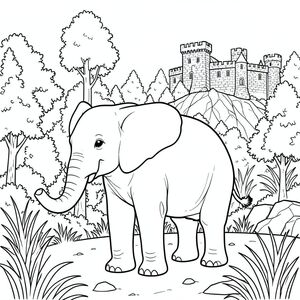 solo, một con voi, một đầu, hai mắt, hai tai lớn, một thân cây, bốn chân, một đuôi, chân trên nền vững chắc, tỷ lệ tự nhiên, quy mô thích hợp trong môi trường, đúng về mặt giải phẫu, voi, Lâu đài đá, đỉnh đồi, rừng, cây rậm rạp, cỏ cao, địa hình đá, đá phong hóa, kiến trúc thời trung cổ, tầm nhìn mở rộng, toàn cảnh, trang màu, nghệ thuật đường, nền trắng, solo, chủ đề đơn, đúng giải phẫu,  Giải phẫu hoàn hảo