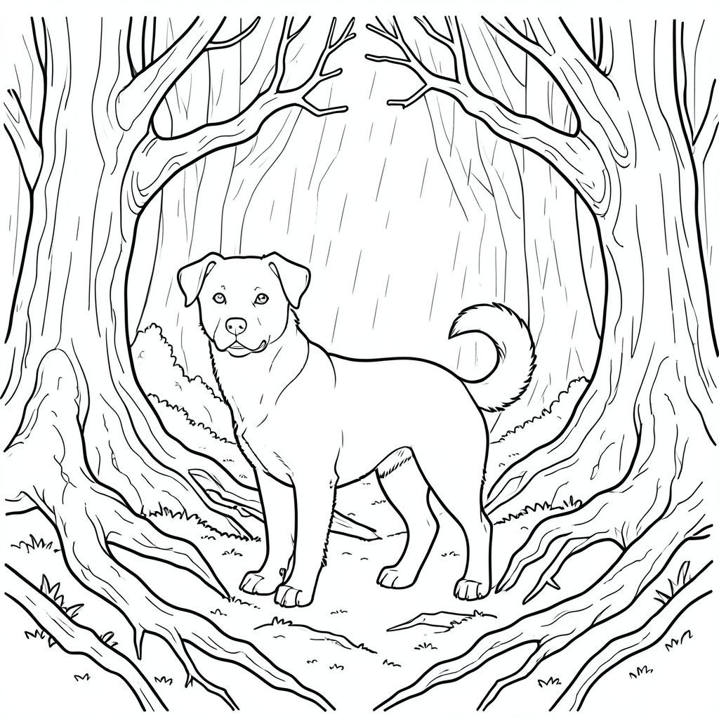 solo, chủ đề đơn, một đầu, hai mắt, hai tai, bốn chân, một đuôi, tỷ lệ tự nhiên, quy mô thích hợp trong môi trường, đúng giải phẫu,, rừng, cây sồi xoắn, cành gồ ghề, mặt đất rêu, rễ rối, cây cổ thụ, vỏ cây phong hóa, mờ, phối cảnh khí quyển, mưa, trang màu, nghệ thuật đường, nền trắng, solo, chủ đề đơn, đúng giải phẫu, giải phẫu hoàn hảo