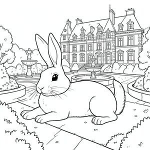 solo, chủ đề đơn, một đầu, hai mắt, hai tai, bốn chân, một đuôi, tỷ lệ tự nhiên, quy mô thích hợp trong môi trường, đúng giải phẫu, thỏ, lâu đài, ngổn ngang, người Pháp, vườn, đài phun nước, được cắt tỉa cẩn thận, bãi cỏ, lối đi, đá, Kiến trúc, trang màu, nghệ thuật đường, nền trắng, solo, chủ đề đơn, đúng giải phẫu, giải phẫu hoàn hảo