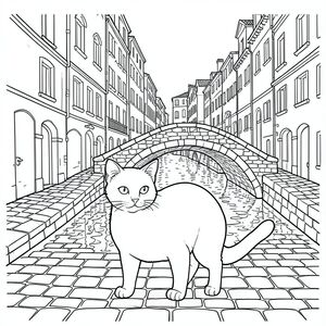 solo, chủ đề đơn, một đầu, hai mắt, hai tai, bốn chân, một đuôi, tỷ lệ tự nhiên, quy mô thích hợp trong môi trường, đúng giải phẫu, con mèo, Kênh đào Venice, Cầu vòm, đá, Nước, Sự phản chiếu, Hẹp, Quanh co, Tòa nhà, Mái nhà, Đá cuội, Trang màu, Nghệ thuật đường nét, nền trắng, Solo, chủ đề đơn, Đúng giải phẫu, Giải phẫu hoàn hảo