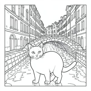 solo, chủ đề đơn, một đầu, hai mắt, hai tai, bốn chân, một đuôi, tỷ lệ tự nhiên, quy mô thích hợp trong môi trường, đúng giải phẫu, con mèo, Kênh đào Venice, cầu vòm, đá, Nước, Sự phản chiếu, Ánh sáng mặt trời, hẹp, quanh co, Tòa nhà, Mái nhà, trang màu, nghệ thuật đường, nền trắng, Solo, chủ đề đơn, đúng về mặt giải phẫu, giải phẫu hoàn hảo