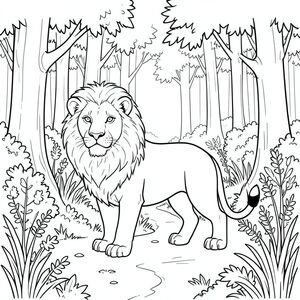 solo, chủ đề đơn, một đầu, hai mắt, hai tai, bốn chân, một đuôi, tỷ lệ tự nhiên, quy mô thích hợp trong môi trường, đúng giải phẫu, sư tử, Rừng mùa thu, tán lá, cây, dày đặc, cao, Thân cây, Ánh sáng mặt trời, lốm đốm, Con đường quanh co, Chi tiết, trang màu, nghệ thuật đường nét, nền trắng, Solo, chủ đề đơn, Đúng giải phẫu, Giải phẫu hoàn hảo