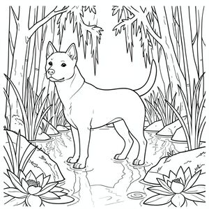 solo, chủ đề đơn, một đầu, hai mắt, hai tai, bốn chân, một đuôi, tỷ lệ tự nhiên, quy mô thích hợp trong môi trường, đúng giải phẫu,, đầm lầy cây bách, rêu Tây Ban Nha, nước, vẫn, thảm thực vật rậm rạp, thân cây cao, phản chiếu, gợn sóng, hoa súng, đá rêu, trang màu, nghệ thuật đường nét, nền trắng, solo, chủ đề đơn, đúng giải phẫu, giải phẫu hoàn hảo