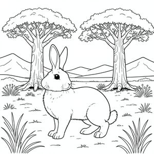 solo, chủ đề đơn, một đầu, hai mắt, hai tai, bốn chân, một đuôi, tỷ lệ tự nhiên, quy mô thích hợp trong môi trường, chính xác về mặt giải phẫu, thỏ, đồng bằng châu Phi, cây bao báp, thân cây đồ sộ, phong cảnh khô cằn, rộng lớn, dọn dẹp dưới ánh nắng mặt trời, những ngọn đồi thoai thoải, những ngọn núi xa xôi, trái đất có kết cấu, cỏ khô, tô màu, nghệ thuật đường, nền trắng, solo, chủ đề đơn, đúng về mặt giải phẫu, giải phẫu hoàn hảo