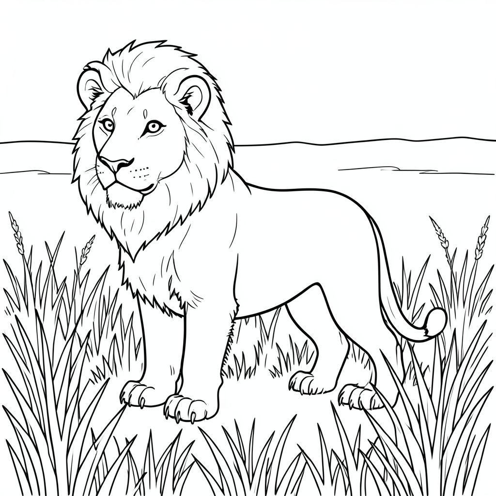 solo, chủ đề đơn, một đầu, hai mắt, hai tai, bốn chân, một đuôi, tỷ lệ tự nhiên, quy mô thích hợp trong môi trường, đúng giải phẫu, sư tử, thảo nguyên, đồng cỏ, rộng lớn, mở, đường chân trời, bằng phẳng, phong cảnh, rộng, mở rộng, cỏ cao, trang tô màu, nghệ thuật đường, nền trắng, solo, chủ đề đơn, đúng về mặt giải phẫu, giải phẫu hoàn hảo