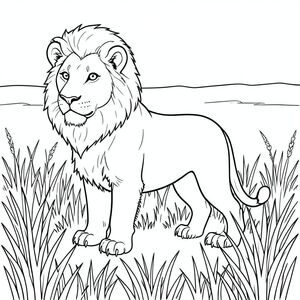 solo, chủ đề đơn, một đầu, hai mắt, hai tai, bốn chân, một đuôi, tỷ lệ tự nhiên, quy mô thích hợp trong môi trường, đúng giải phẫu, sư tử, thảo nguyên, đồng cỏ, rộng lớn, mở, đường chân trời, bằng phẳng, phong cảnh, rộng, mở rộng, cỏ cao, trang tô màu, nghệ thuật đường, nền trắng, solo, chủ đề đơn, đúng về mặt giải phẫu, giải phẫu hoàn hảo